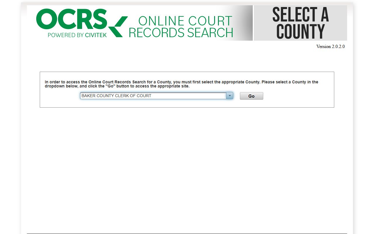 Baker County court records OCRS county selector for arrest case lookup