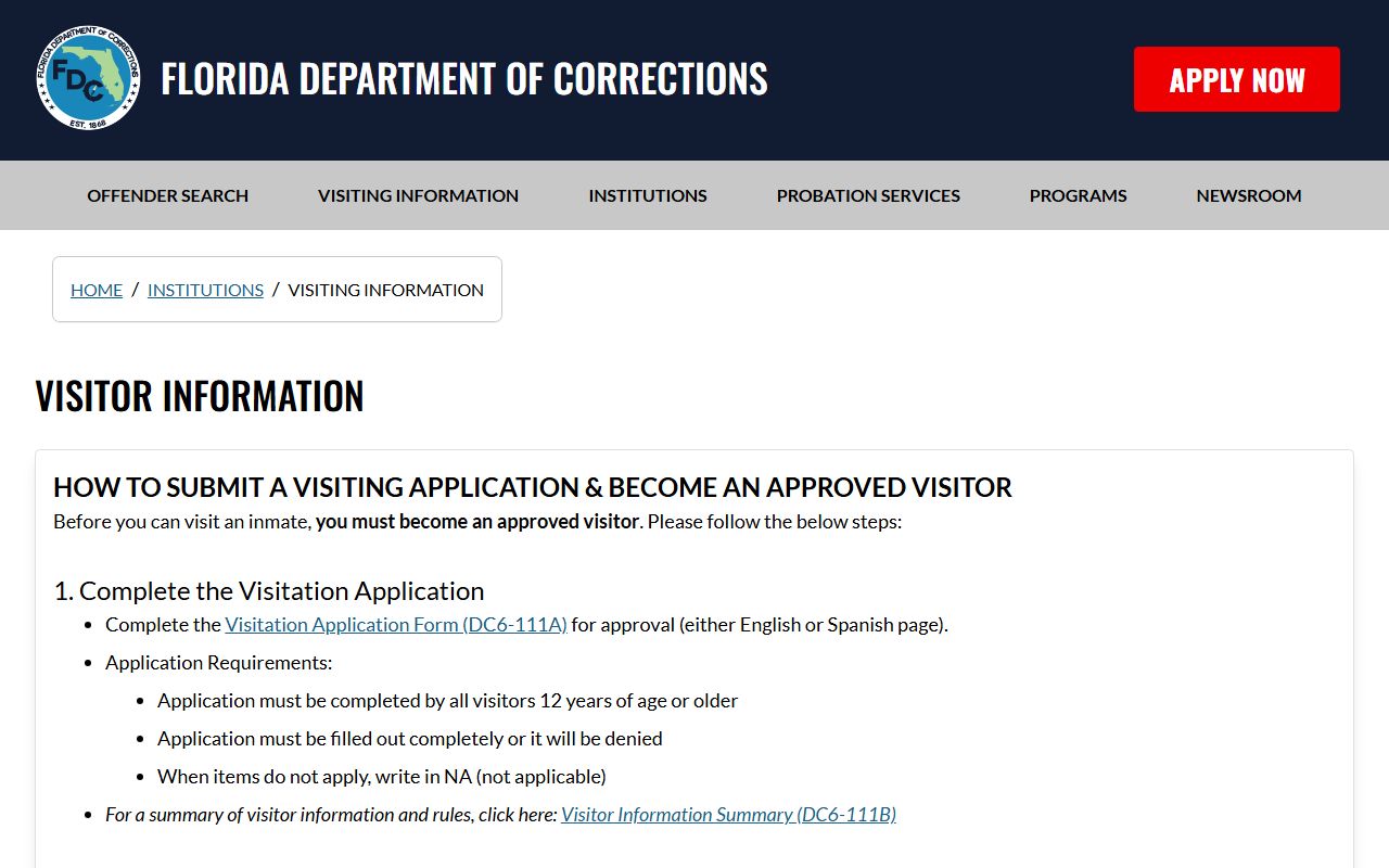 FDC visitation page with Baker Work Camp state prison visit rules