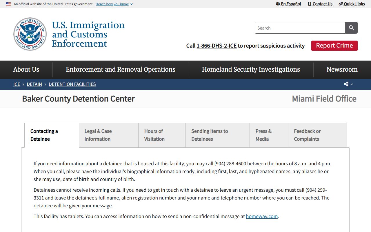 Baker County Detention Center ICE facility page with bed capacity